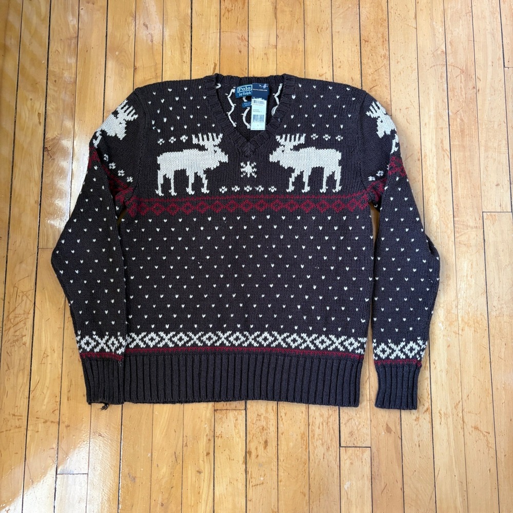 Polo Ralph Lauren Sweater Mens Large Brown Cotton Linen Moose Fair Isle V-Neck